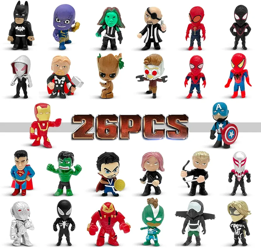 Action Figures, 26 PCS Superhero Adventures Ultimate Superhero Set, Mini Figures Toys Set, Ideal for Easter Eggs, Hero Cake Toppers, Collectibles, Party Favors, for Kids