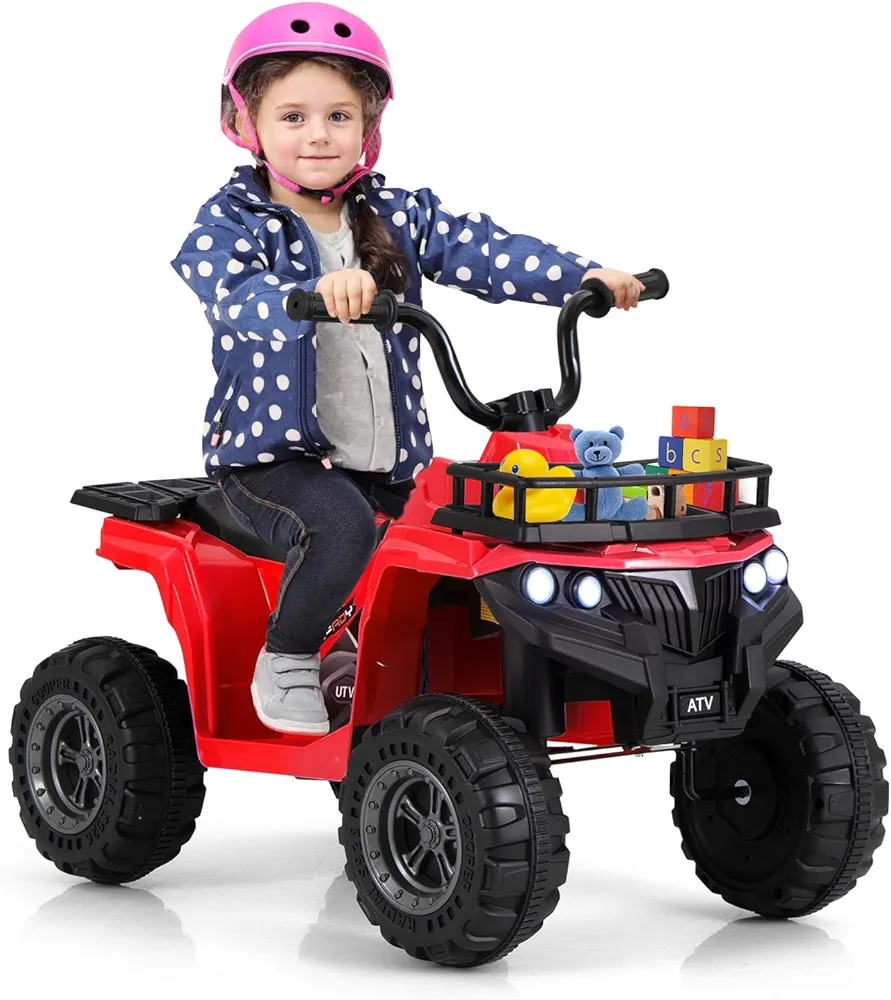 Costzon Kids ATV, 6V Battery Powered Electric Vehicle with One-Button Start, MP3, LED Headlights & Storage Basket, 4-Wheeler Ride On Toy Car with Tread Tires for 2-5 Years Old Boys & Girls (Red)