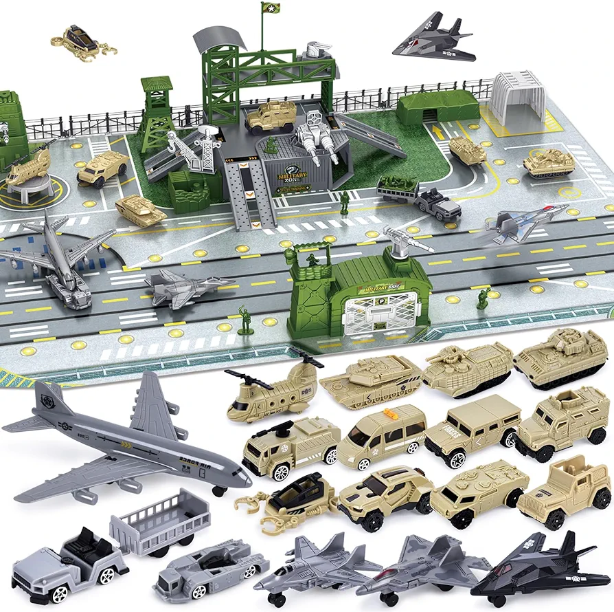 LovesTown 38PCS Military Base Toy Set, Army Toys for Kids Army Men Playset Military Toy Set for Boys Birthday Gifts