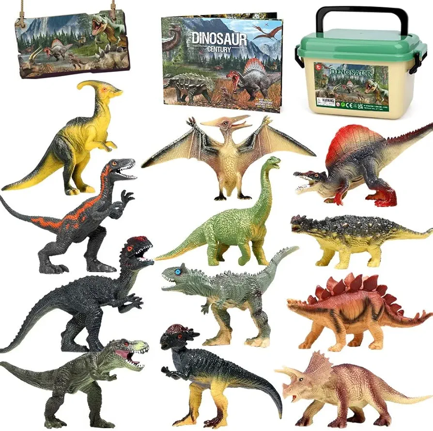 FRUSE Jurassic Dinosaur Toys,12 PCS Realistic Jumbo Dinosaur Figurines,Educational Dino Figure Playset w/Information Dino Book,Dinosaur Toys for Kids 3-5