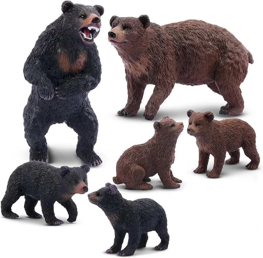 Toymany 6PCS Bear Figurines, Realistic Forest Animals Bear Family Figures Toy Set includes Brown Bears Black Bears and Cubs, Education Toy Birthday for Kids Toddlers