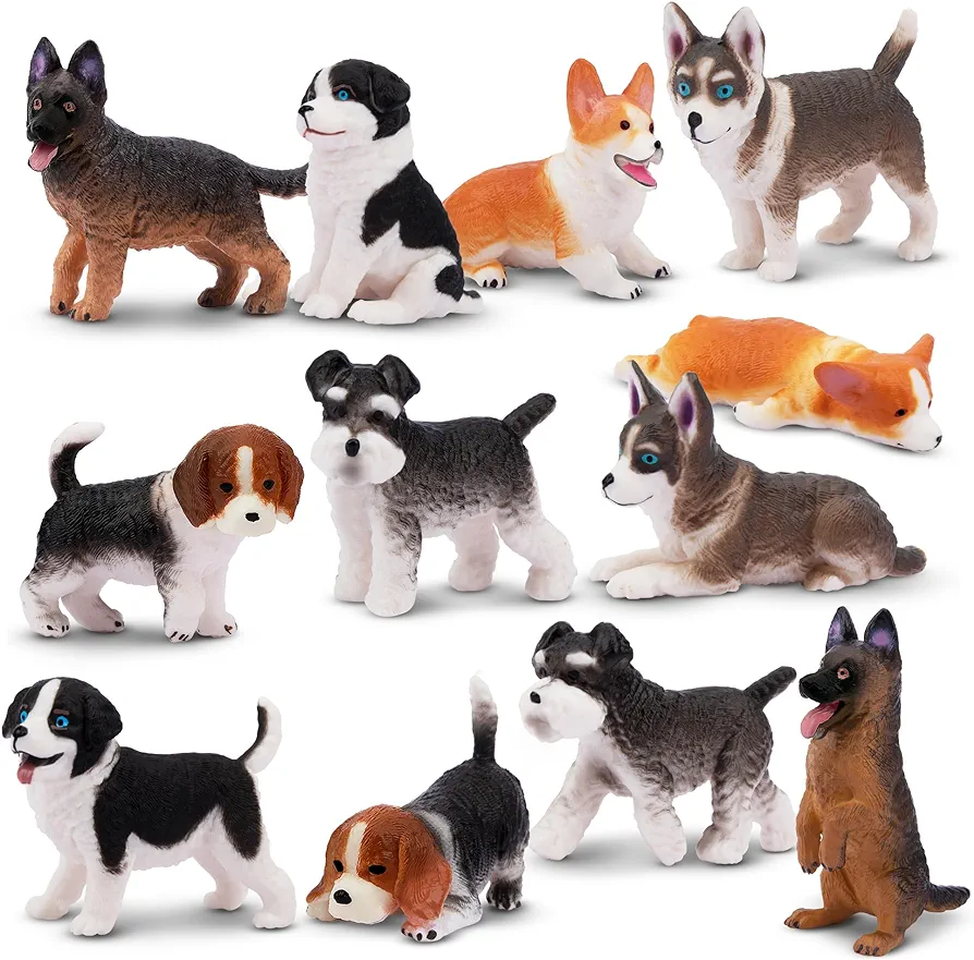 12PCS Dog Figurines Playset, Realistic Detailed Plastic Puppy Figures, Hand Painted Mini Dog Figures Toy Set Cake Toppers Birthday Easter Eggs Gift for Kids Toddlers