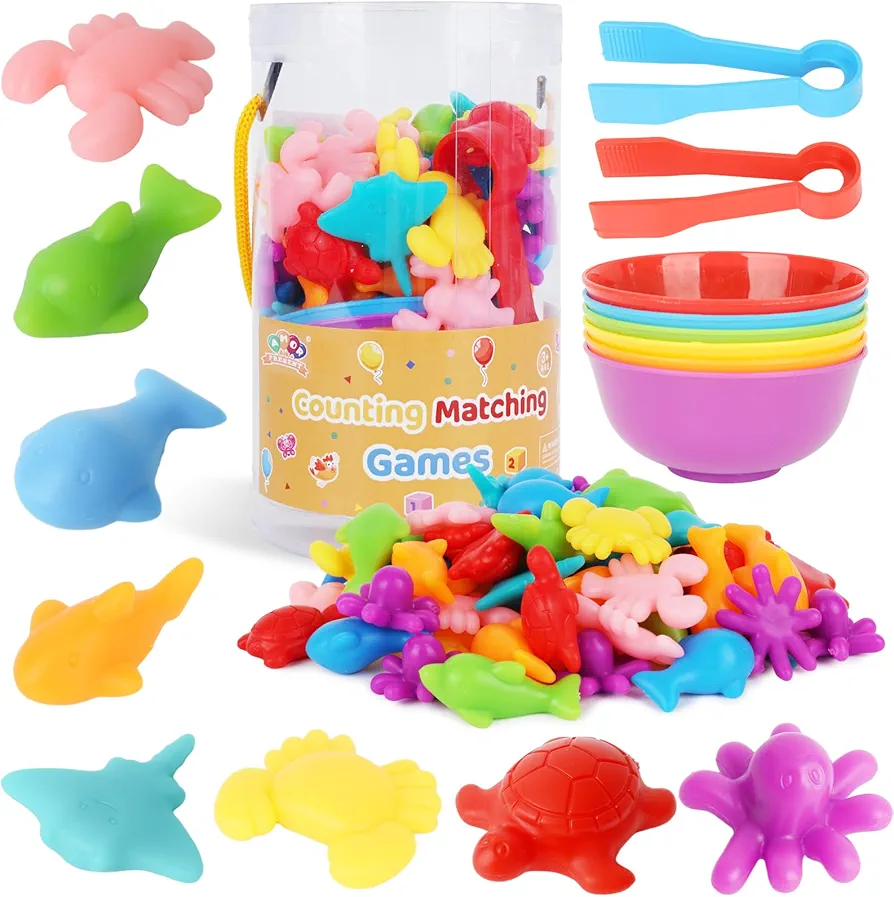 AMOR PRESENT 64PCS Counting Animals for Toddlers, Ocean Animal Matching Game Color Sorting Toys Montessori Educational Toys for Toddlers Ages 3 4 5 6