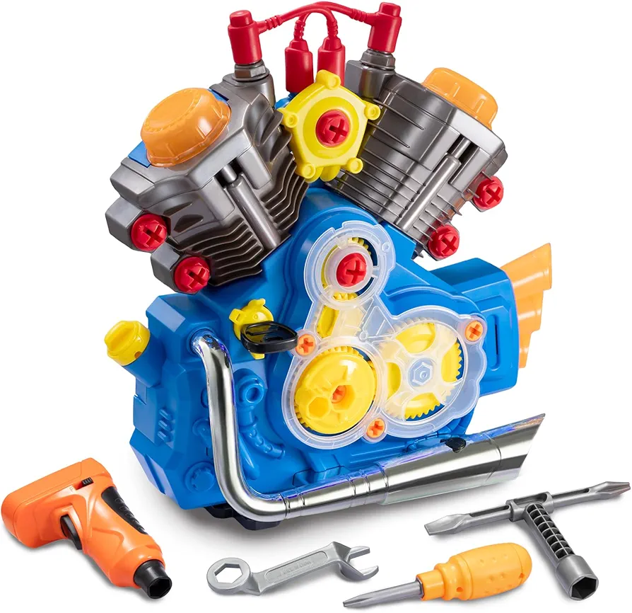 Engine Building Kit, Kids Mechanic Repair Set for Kids Motorcycle Engine，Take Apart Toys-42pc Playset，Lights&Sounds,Educational Toys for 3+ Year Old (Blue)