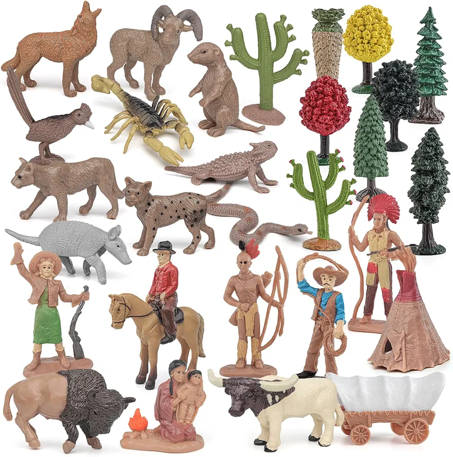 Desert Cowboy Animal Figures Playsets 29 PCS Groundhogs, Armadillos, Cowboys, Covered Wagons, Cacti Party Favors Toys for Boys Girls Kids