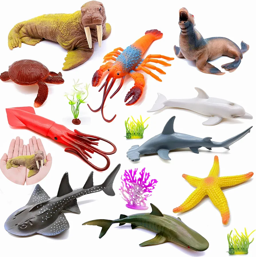 Ocean Sea Marine Animal Figures Model Figurine Shark Turtle Walrus Dolphin Octopus Decoration Playset 10pcs Gifts Collection Cognitive Toys