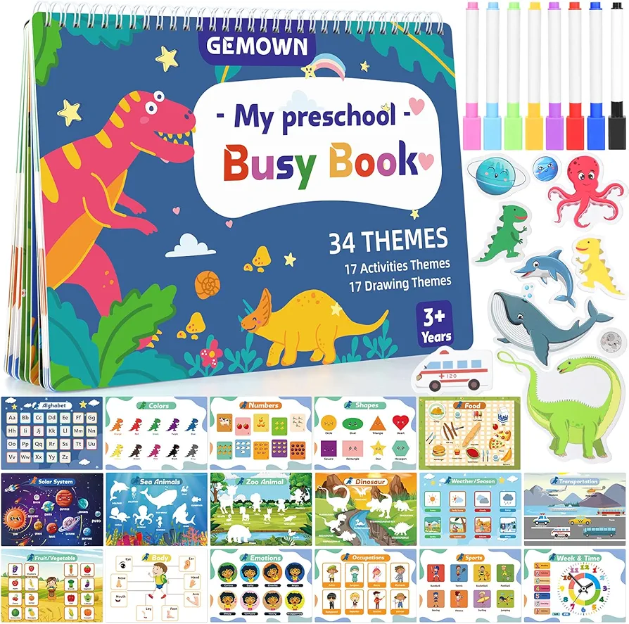 Preschool Busy Book for Toddlers - Montessori Activity Book for Kids - 34 Themes Sensory Learning Educational Activities - Gifts for Boys - Travel Toys for Airplane Car - Blue