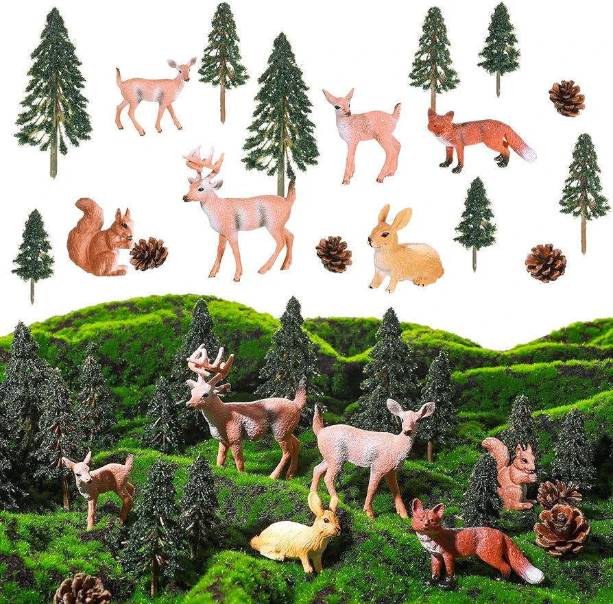 26 Pcs Forest Animal Figurines Toys Woodland Creatures Grassland Diorama Kit Plastic Rainforest Animals Habitat Playset with Model Trees for Birthday Cake Topper Kids Toddlers Educational Learning