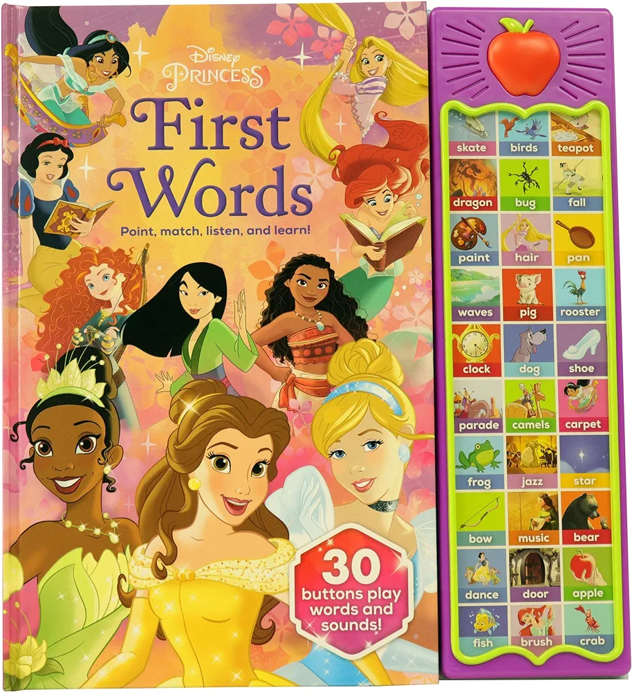 Disney Princess Cinderella, Moana, Rapunzel, and More! - First Words: Point, Match, Listen, and Learn! 30-Button Sound Book - PI Kids