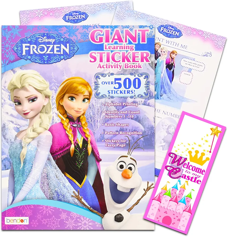 Disney Frozen Learning Activity Book Set for Kids - Bundle with Giant Frozen Princess 500 Sticker Coloring Book and Castle Door Hanger | Princess Educational Workbook