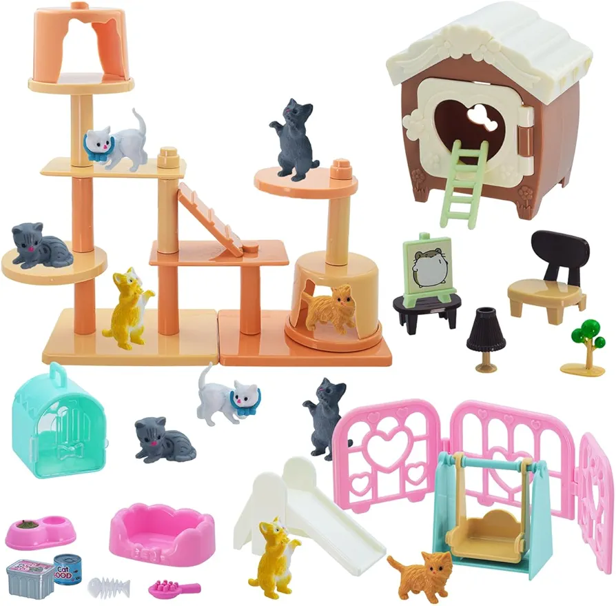 Pet Pretend Play Toys, 48Pcs Cat Figures Toys for Kids Realistic Detailed Cat Care Center with Accessories Toy Sets Educational Gifts for Kids Toddlers Girls Boys