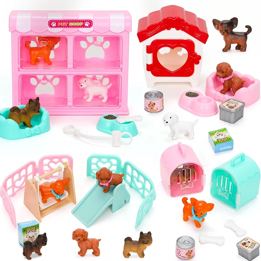 Pet Pretend Educational Play Toys - 32 PCS Dog Figures Playset Toy Creative DIY Realistic Detailed Puppy Pretend Educational Toys for Kids Toddlers Boys Girls Birthday Gifts