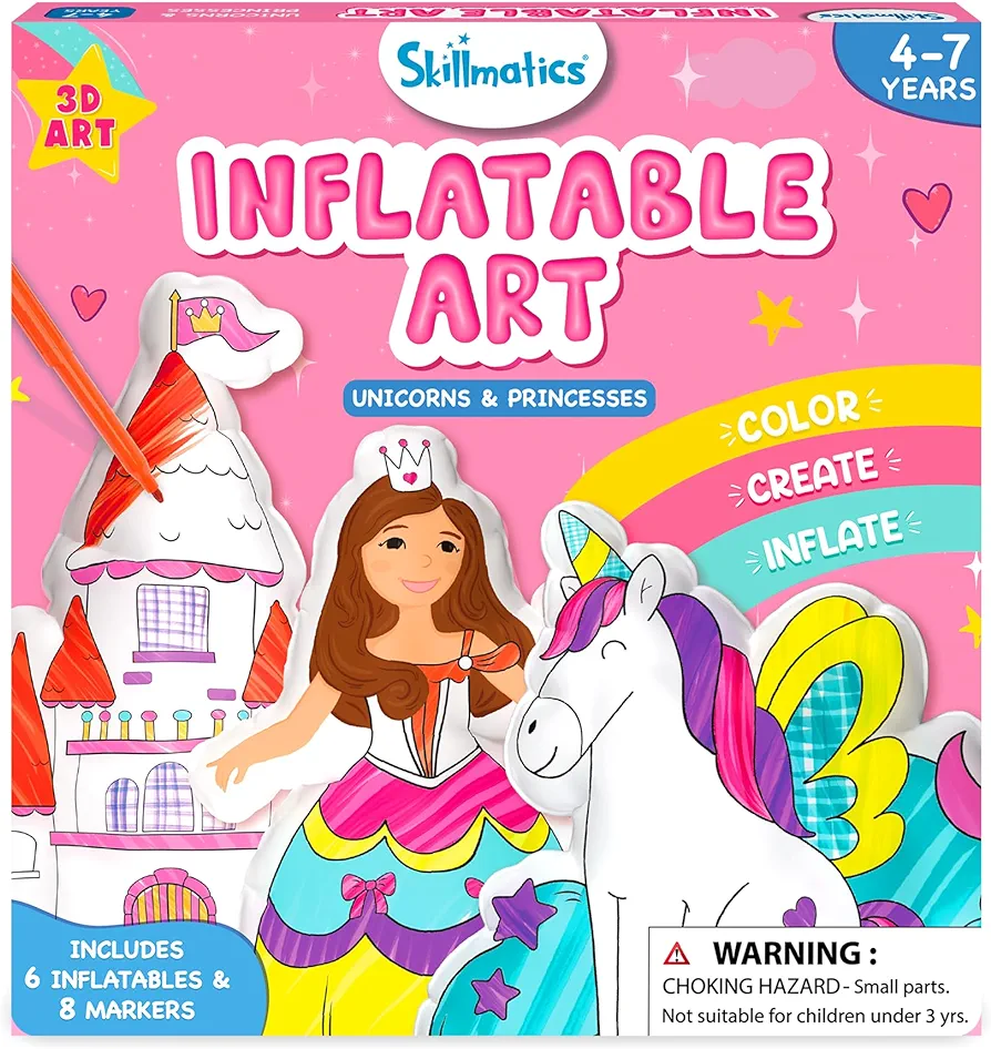 Skillmatics Inflatable Art for Kids - 3D Unicorns & Princesses, Preschool Craft Kits, Fun DIY Activity, Coloring Set, Gifts for Boys & Girls Ages 4, 5, 6, 7