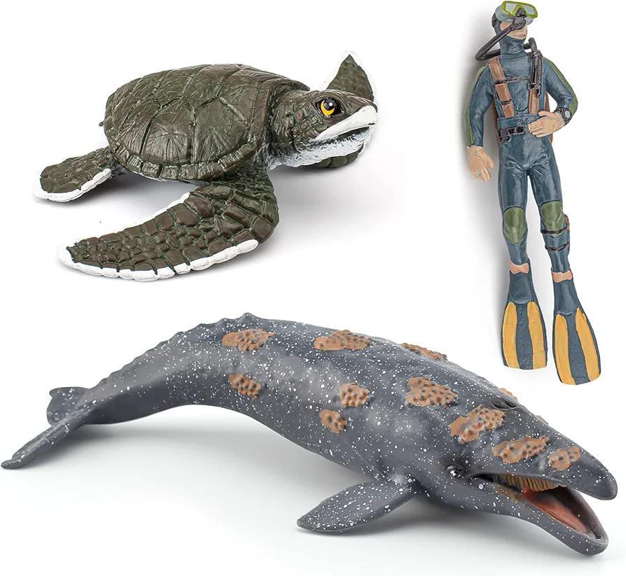 Ocean Sea Marine Animal Figure Toys Playsets 3 PCS Diver Gray Whale Sea Turtle Model Toy Desktop Decoration Collection Party Favors Toys for Boys Girls Kids