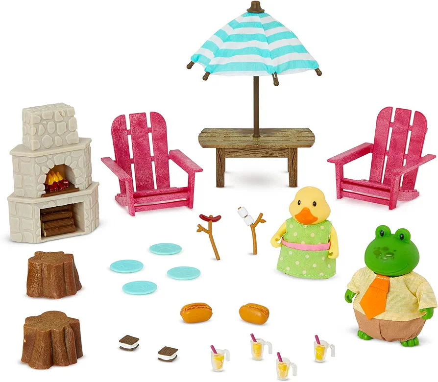 Lil Woodzeez – Toy Backyard Furniture Playhouse – Miniature Fire Pit & Chairs Dollhouse Playset – 2 Posable Figures Included – Kids 3 Years +