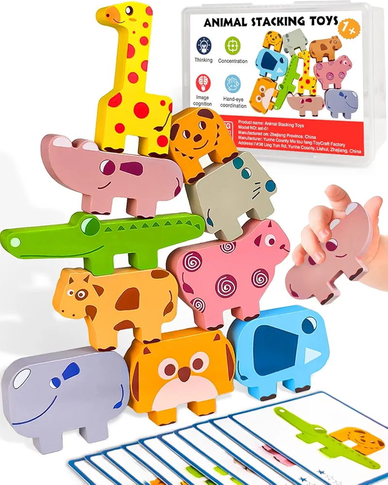 Montessori Toys for 1 2 3 4 Year Old Boys Girls, Toddler Toys Age 2-4, 1 2 3 4 Year Old Girl Boy Birthday Gifts, 10 pack Wooden Animal Blocks Sorting & Stacking Education Toddler Puzzles Toys