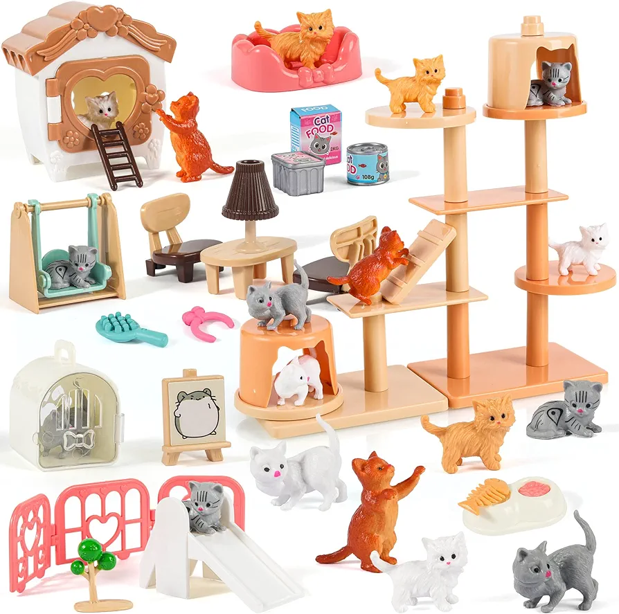 43 PCS Pet Pretend Play Toys, Cat Figures Playset Toy for Kids Creative DIY Realistic Detailed Play Pretend Educational Toys for Kids Toddlers Boys Girls Birthday Gifts