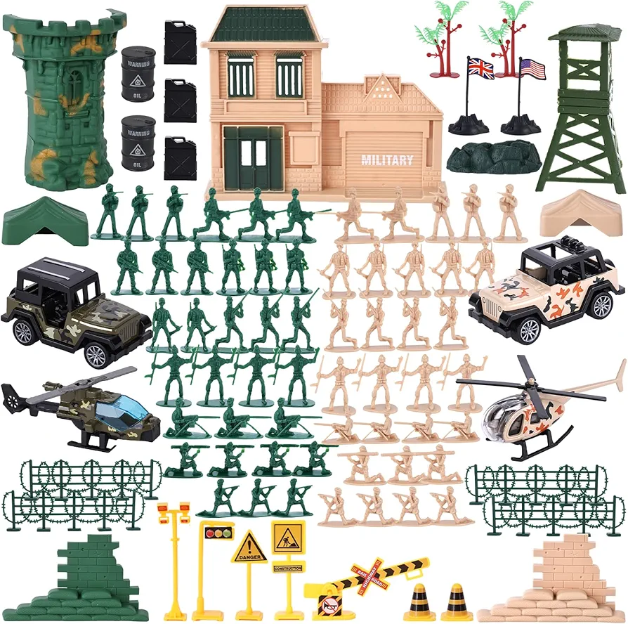 AMOR PRESENT 120PCS Army Men Military Set, Toy Soldiers Playset Plastic Army Men Figures and Accessories with Vehicles Helicopters for Boys Girls Birthday Easter Gift