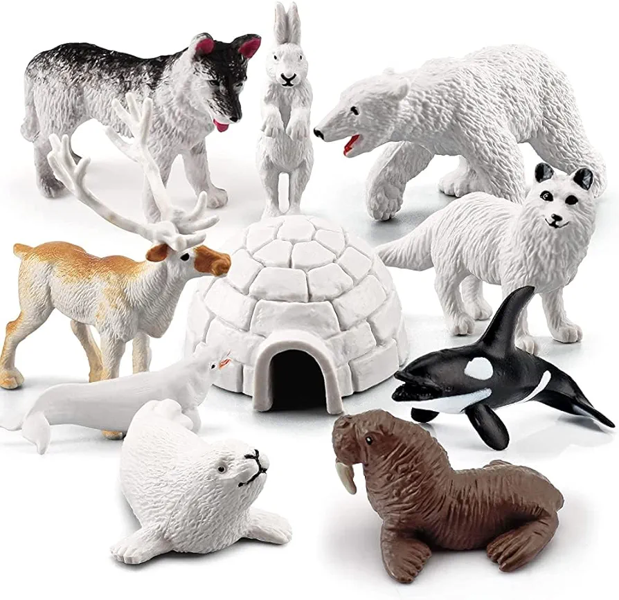 10PCS Realistic Polar Animals Figurines Toy Arctic Animal Figures Toy Playset Includes Seal Reindeer Polar Bear Wolf Rabbit Arctic Fox Igloo for Kids Toddlers