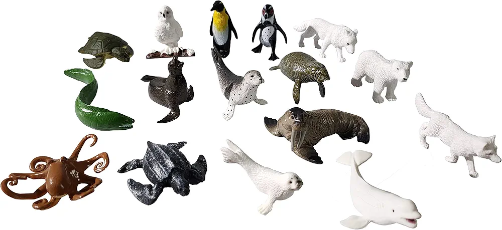 Polar and Sea Animals Figurines Playset 16 Pcs, Detailed Bear, Whale Figures, Walrus, Penguin Toy Set, Cake Toppers Birthday Gift for Kids