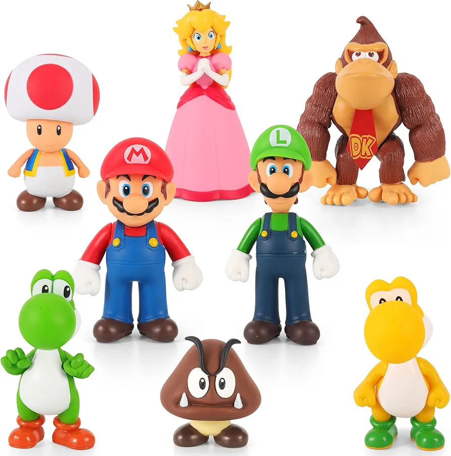 Super Bros Action Figures - 8PCS Super Mary Figures Collection Playset, Brother Character Cake Toppers Figures Toys for Boys Girls Birthday Party Halloween Chrismas Day