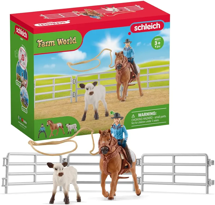 Schleich Farm World Rodeo Roping Playset - Cowgirl Rodeo Rider Figurine with Cow, Pen, and Rope, Realistic Western Rodeo Farm Toys and Accessories, 9-Piece Kids Toy for Boys and Girls