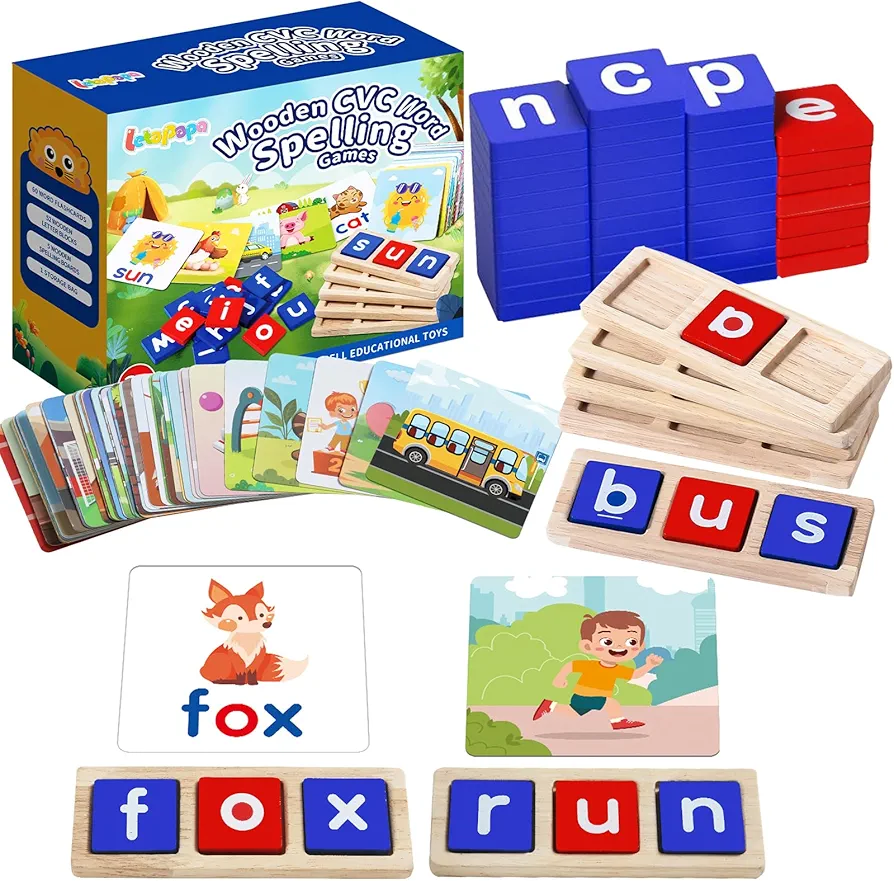 CVC Word Educational Toy Spelling Games, Preschool Toddler Learning Activities, Montessori Learning Toys Gifts for 3 4 5 6 Years Old Kids, 60 Sight Words Flash Cards Alphabet Puzzle for Toddlers