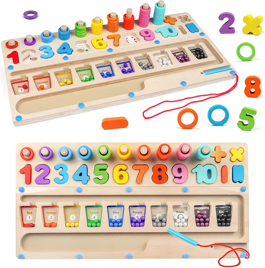 Magnetic Color Maze, 3 in 1 Magnetic Color and Number Maze and Wooden Number Puzzle, Color Sorting and Counting Toys for 3 4 5 6 7 8 Year Old