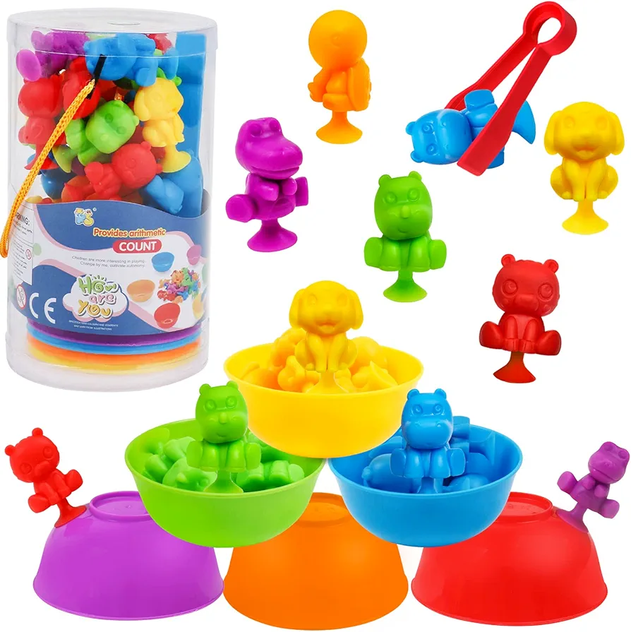 Counting Animal Suction Toys Color Sorting Toys with Bowls Suction Cup Bath Toys Matching Games Preschool Math Learning Educational Montessori Sensory Toy Gift for Toddlers Kids Ages 3+