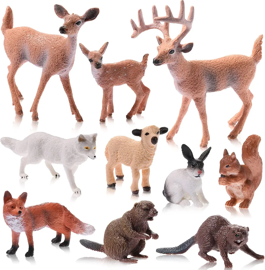 10 Pieces Forest Animals Figures Miniature Woodland Animal Figurines Small Squirrel Beaver Rabbit Deer Family Educational Playset Toys Cake Toppers for Graduation Gift Birthday Party Supplies