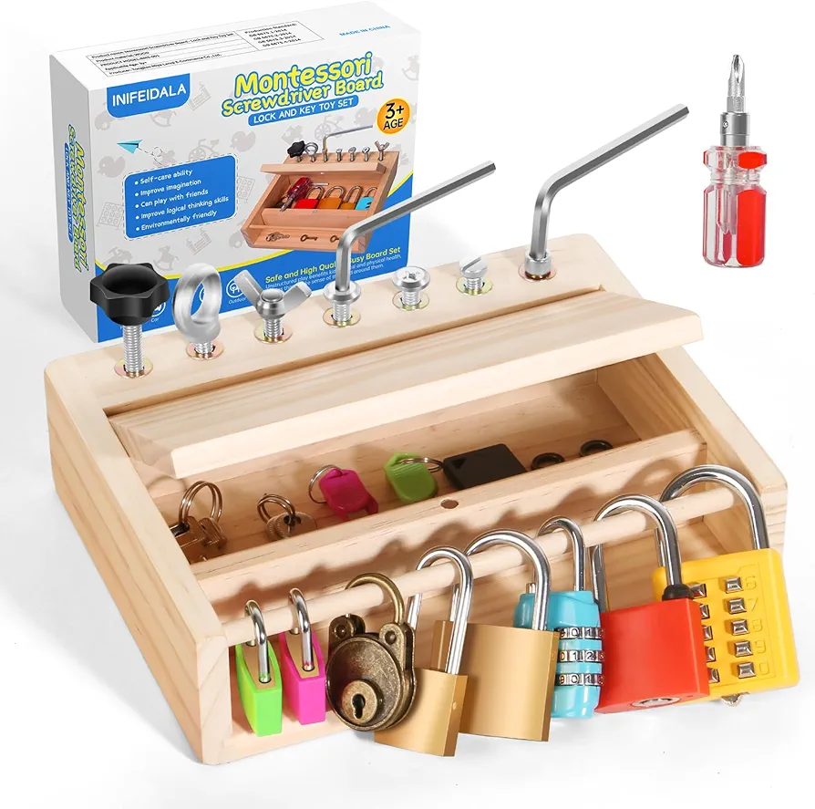 Montessori Toys for 3 4 5 Year Old,Montessori Screwdriver Board Set-Lock and Key Toy,Kids Tool Set,Preschool Learning Sensory Toys,Fine Motor Skills,STEM Toys(8 Locks and Keys)