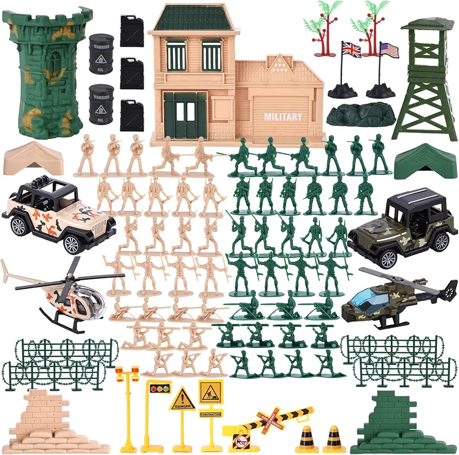 LovesTown 120PCS Army Men Military Set, Army Men Action Figures Plastic Toys Military Soldier， World War Figures & Accessories, Helicopters, Tents, Wire Entanglements， for Boys Birthday Gift