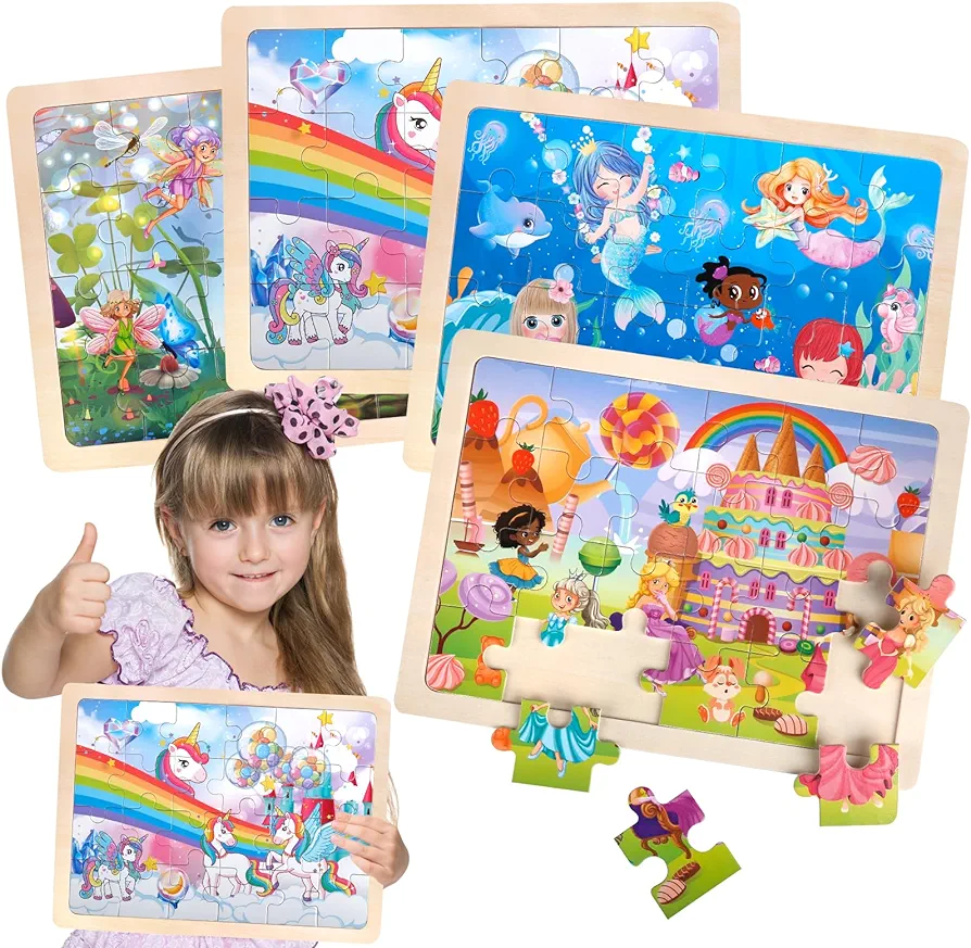 Jigsaw Puzzles Wooden Puzzles for Girls Ages 3-5 Unicorn Mermaid Princess Fairy Puzzle Preschool Educational Brain Teaser Boards Toys Gifts for 3 4 5 6 Year Old Kids 4 Packs 24 Pcs