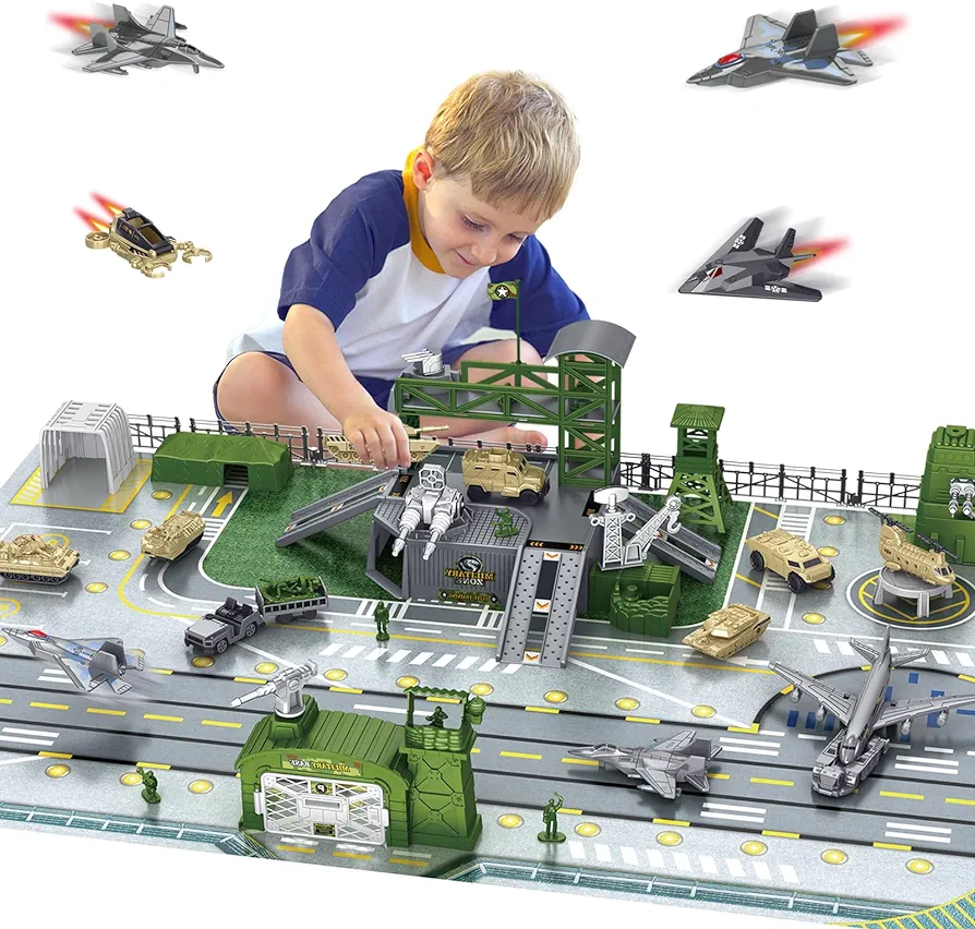 Military Base Toy Sets, Army Men Action Figures, Airplane Toy, Tank, Helicopter, Vehicles Accessories and Base Play Map, Birthday Gift Toys for Boys