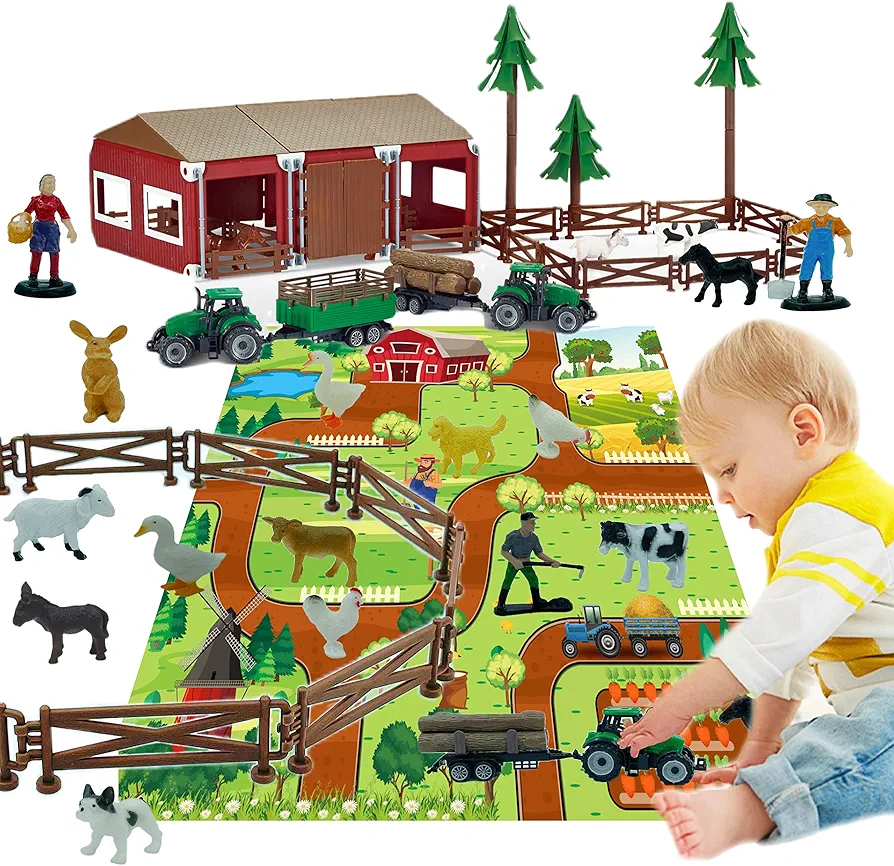 Farm Playset Mini Barn Farm Toys 119PCS Plastic Animals Figurines and Fence with Map Figures Farmer Vehicle Truck with Forestry Trailer for 3-12 Years Old Kids Boys Girls Toddlers