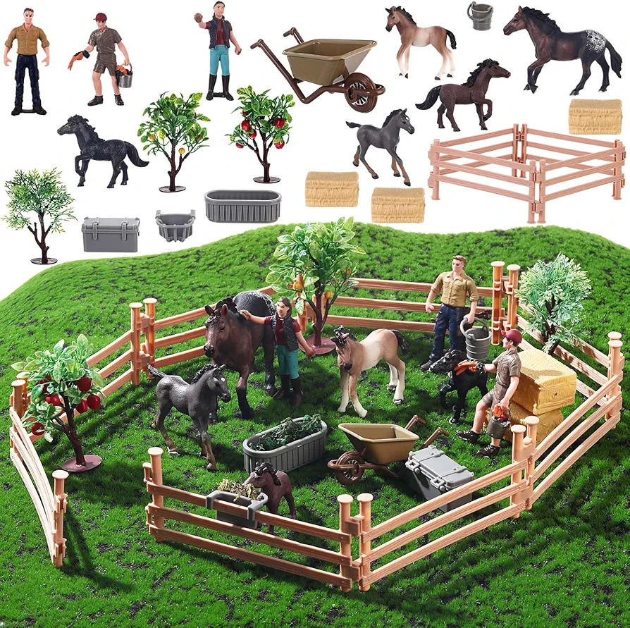 27 Pcs Horse Ranch Toys Playset, 5 Toy Horses 3 People Figurines 8 Horse Fence 3 Model Trees 1 Moss Mat for Horse Diorama Project Educational Gift Horse Cake Topper