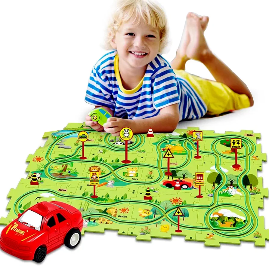 Floor Puzzles for Kids, Puzzle Track Car Play Set, Educational Montessori Toys for 1-3Year Old Boys,1-3 Year Old Boy Birthday Gift