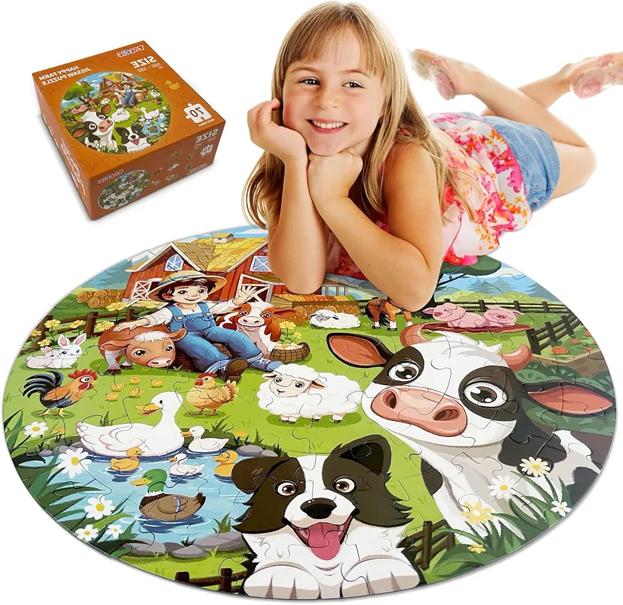 70 Piece Puzzles for Kids Ages 4-6, Educational Round Floor Puzzles for Kids Ages 3-5, Toddler Farm Puzzles with Animals & Barn, Popular Preschool Toys & Gift Kids Puzzles Ages 3 4 5 6 7 8 9 10