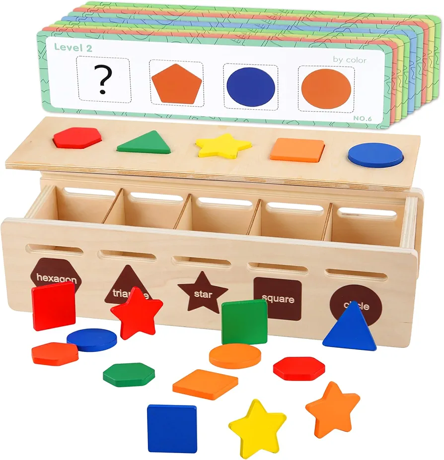 Wooden Color Shape Sorting Box Game Montessori Toys,Preschool Learning Activities Classroom Must Haves,Geometric Matching Blocks Sensory Educational Fine Motor Toys for Toddlers 1+