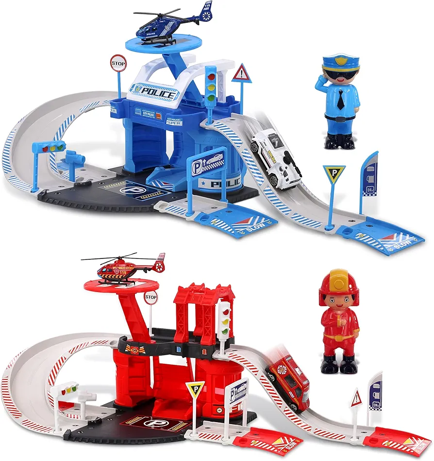 Mozlly Police Station and Fire Station Car Track Helicopter Playsets - Police Parking Garage and Fire Station Set Includes Emergency Rescue Figures, Ramp and Vehicles for Boys and Girls Pretend Play