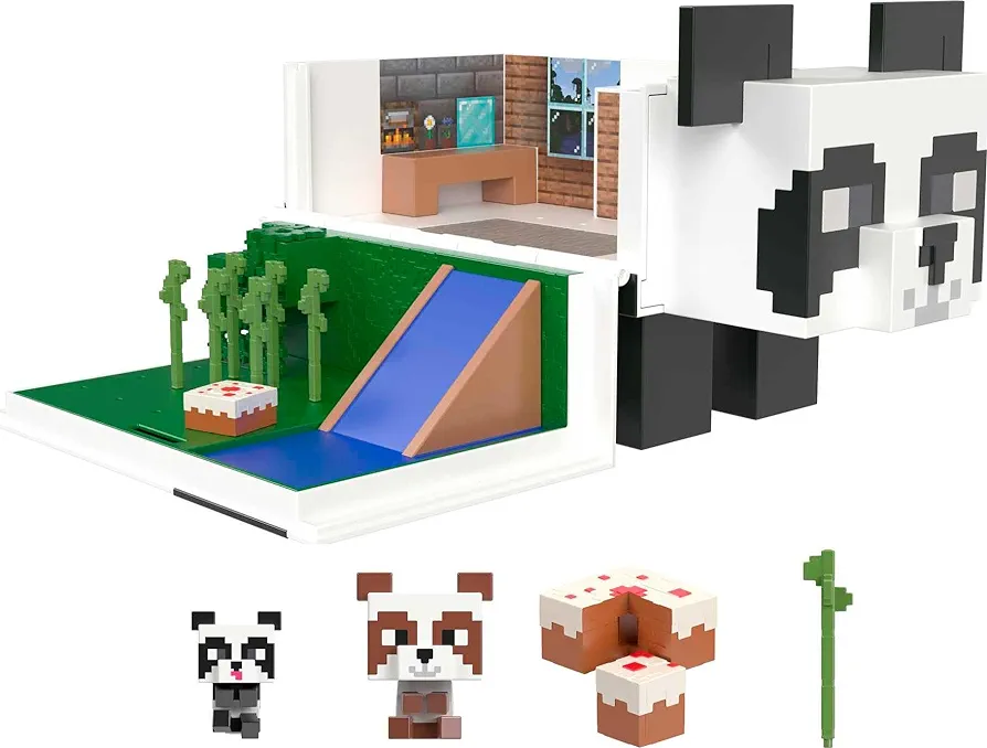 Mattel Minecraft Mob Head Minis Toys, Panda Playhouse Playset & 2 Panda Action Figures, Removable Bamboo Shoots & Cake Slice