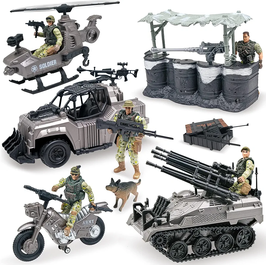 US Army Men Action Figures with Military Vehicles Toys Playset, Toy Soldiers with Military Trucks, Helicopter, War Tent for Kids Boys Girls, Best Age 6 7 8 9 10