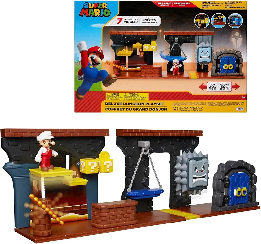 Nintendo Super Mario Dungeon Deluxe Play Set, includes: 2.5” Fire Mario Figure & 7 Interactive Environmentpiece Moving Platforms & Thwomp, Spinning Fire Balls, Hidden Coin, Swing, & Door