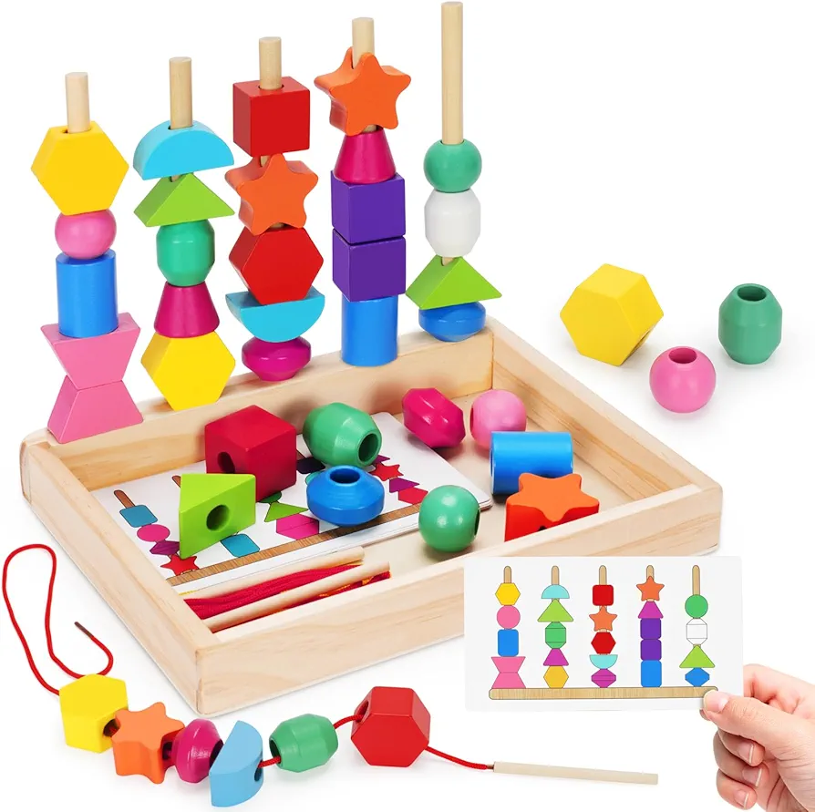 Montessori Wooden Lacing Beads Toys for 2 3 4 Year Old Toddler Kids, Sequencing & Stacking Block Toy with Storage Box, STEM Preschool Learning Toys, Christmas Birthday Gifts for Boys Girls