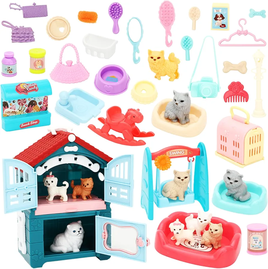 SOTOGO 39 Pieces Pet Pretend Play Toys Cat Figures Playset Cats Care Role Play Toys Toys for Toddler Boys and Girls