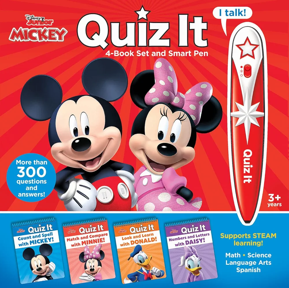 Disney Mickey Mouse and Minnnie Mouse – Quiz it Pen 4-Book Set and Talking Smart Pen – Interactive Educational Book Set with Toy Sound Pen – PI Kids