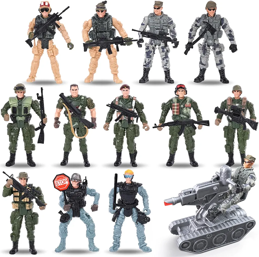 3 otters 13PCS Army Men Toy Set, Military Action Figures with Weapons Special Force Soldiers Riding on Armored Vehicle for Kids Birthday Gift