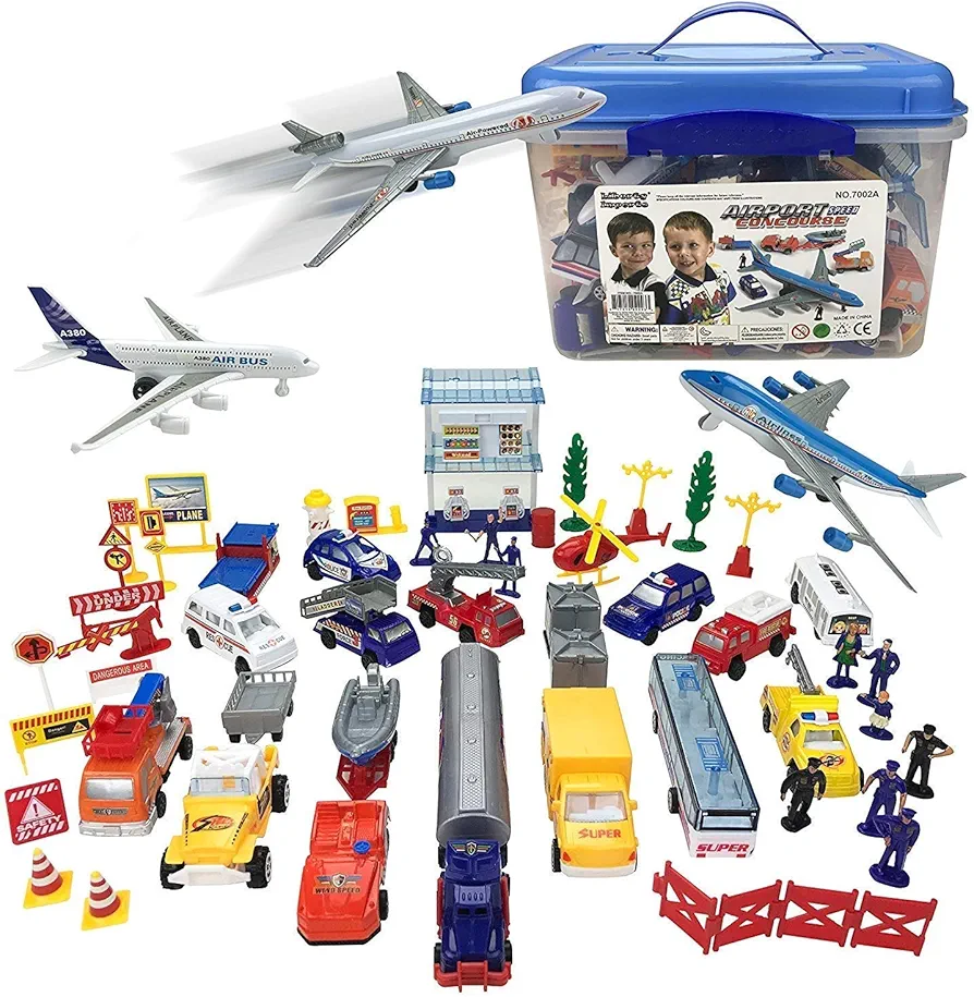 Airport Playset Toy - Airplanes, Vehicles, Police Figures, Workers & Many More Accessories with Storage Bucket - Educational Gift for Kids (57 Piece, Matt Included)