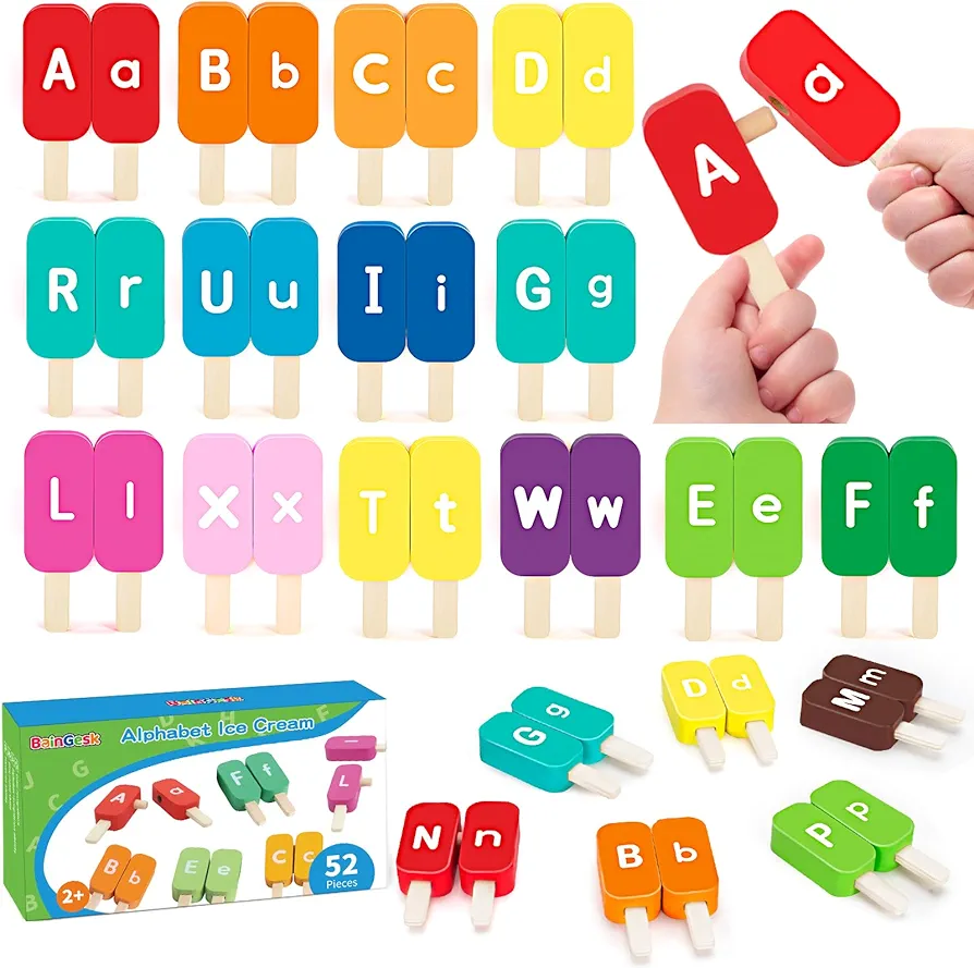 BainGesk Alphabet Ice Cream Toys for Kids Ages 2-4, 52 PCS ABC Learning Toys for Toddlers, Wooden Letters Matching Toys, Montessori Toys for 3 4 5 Year Old Boys Girls, Preschool Classroom Must Haves