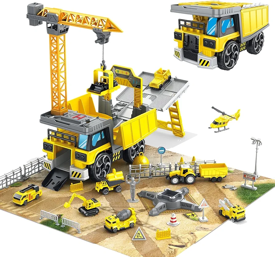 Mostop Carrier Truck Race Track Toy, Fold-able Car Race Track Playset, Toy Truck Transport Car Carrier & 9 Construction Trucks, Pretend Play Kids Crane Toy Construction Vehicles Birthday Gift for Boys